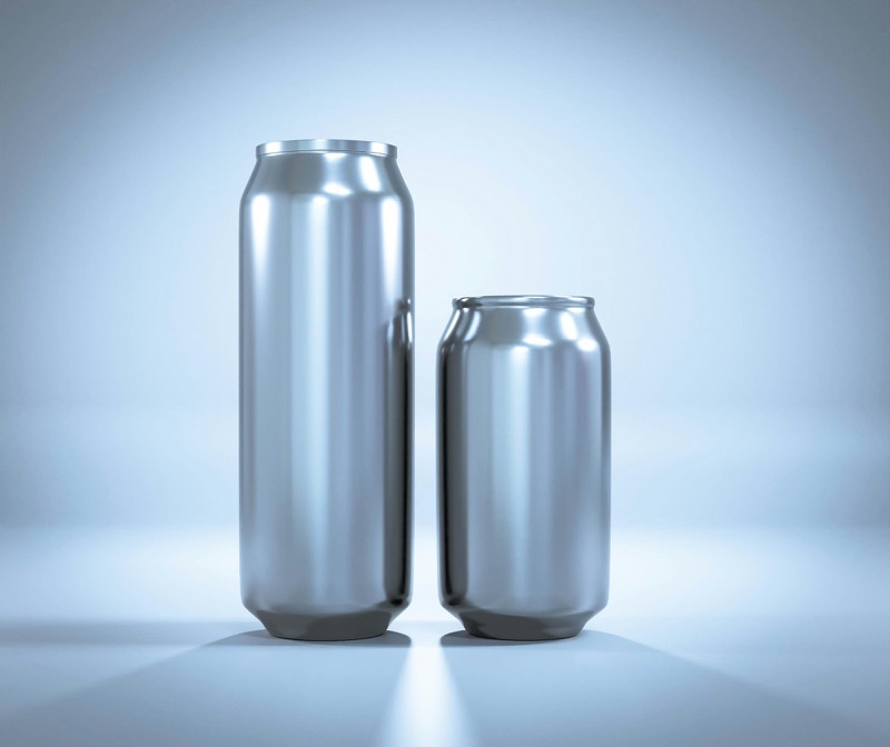 Two plain unbranded aluminium cans on a pale blue background